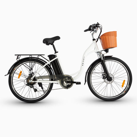 DYU A1F electric bike in white with a wicker basket, perfect for urban commuting. DYU A1F electric bike in white with a wicker basket, perfect for urban commuting.