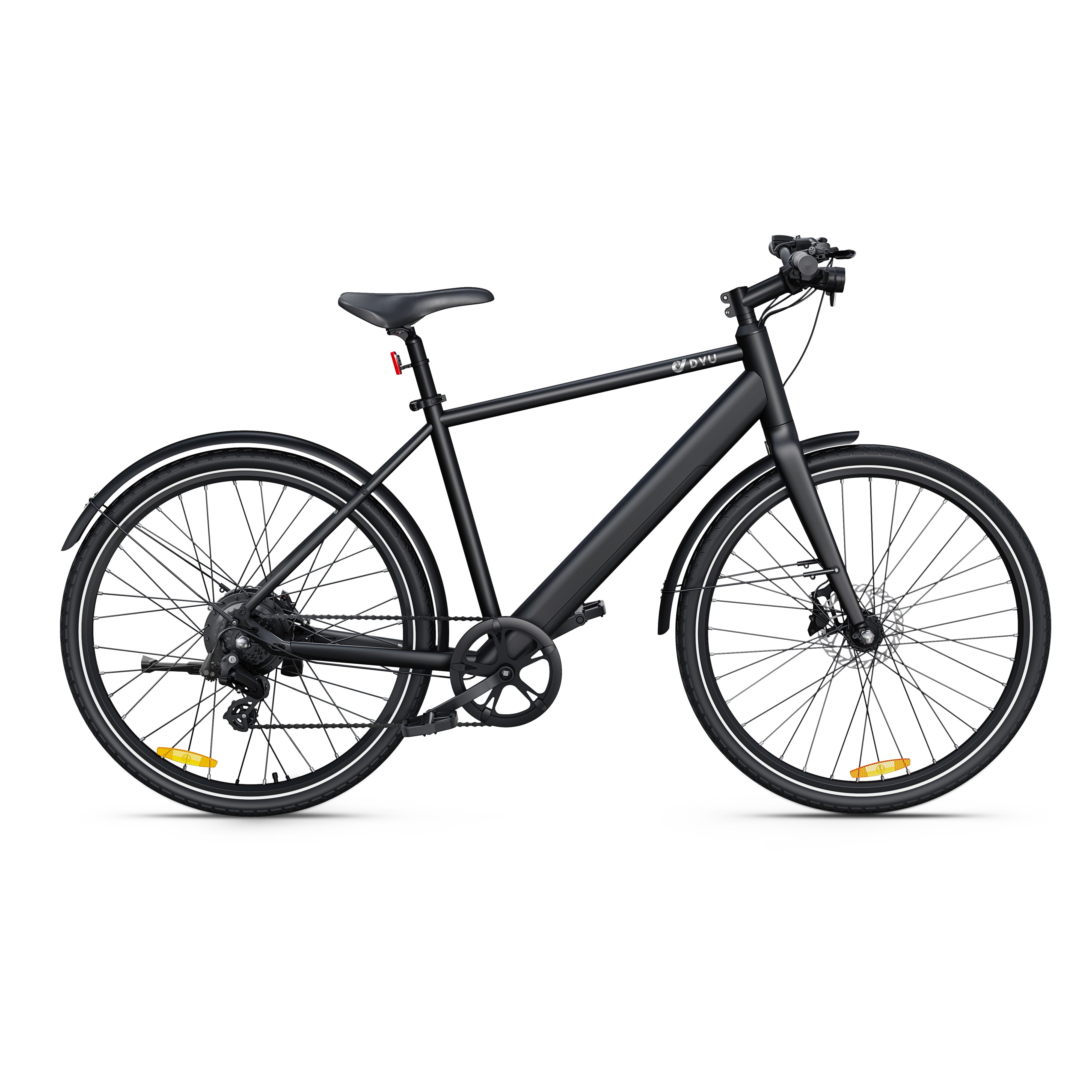 Sleek black DYU Stroll 1 electric bike with minimalist frame and straight handlebars. Sleek black DYU Stroll 1 electric bike with minimalist frame and straight handlebars.
