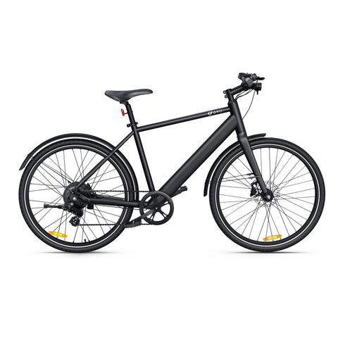 Sleek black DYU Stroll 1 electric bike with minimalist frame and straight handlebars. Sleek black DYU Stroll 1 electric bike with minimalist frame and straight handlebars.