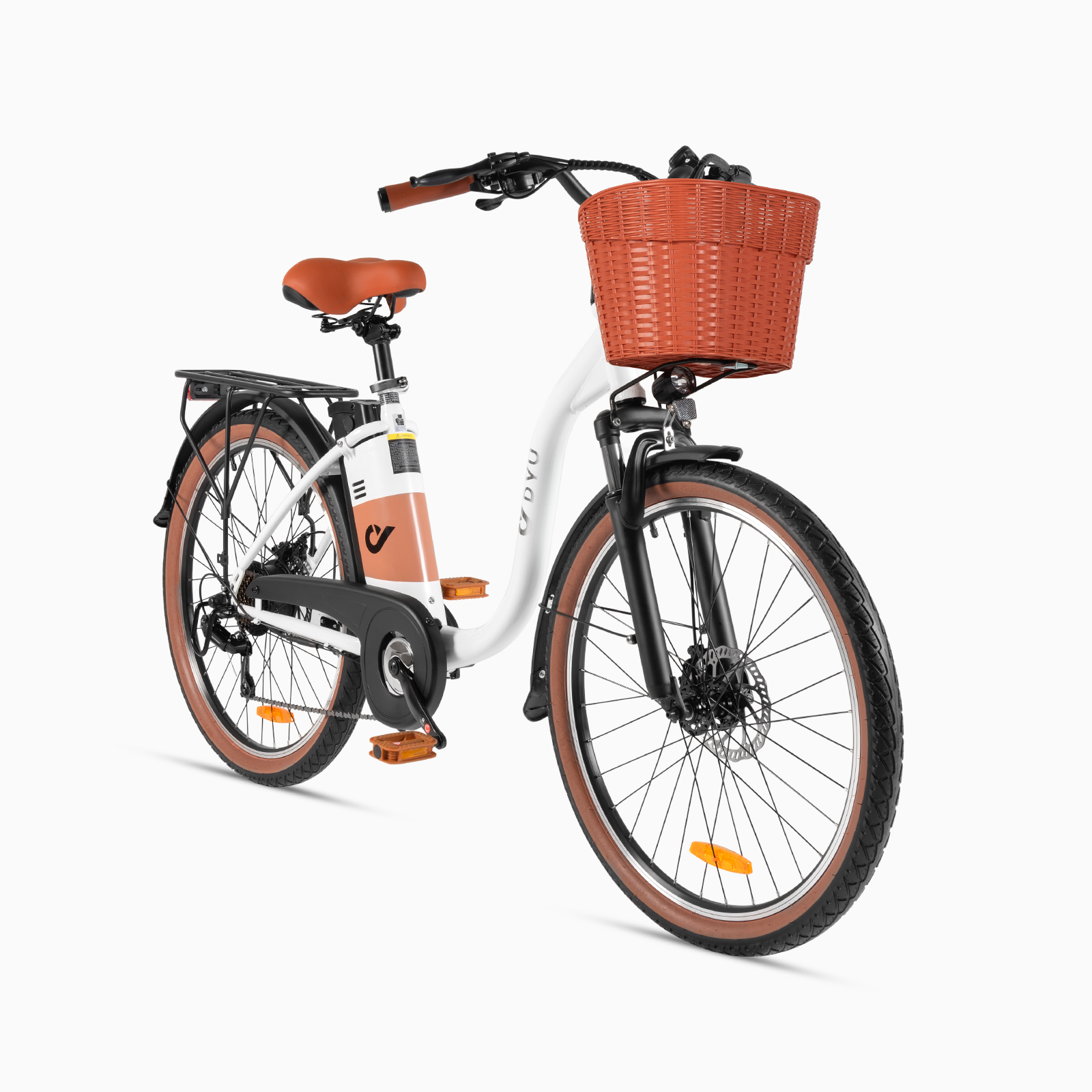 DYU C6 Pro electric bike in a vibrant design with removable front basket for city rides. DYU C6 Pro electric bike in a vibrant design with removable front basket for city rides.