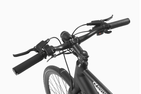 Close-up of black DYU Stroll 1 electric bike handlebars with controls and grips. Close-up of black DYU Stroll 1 electric bike handlebars with controls and grips.
