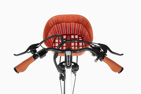 Handlebars of DYU C6 Pro electric bike with orange basket, designed for comfortable riding. Handlebars of DYU C6 Pro electric bike with orange basket, designed for comfortable riding.