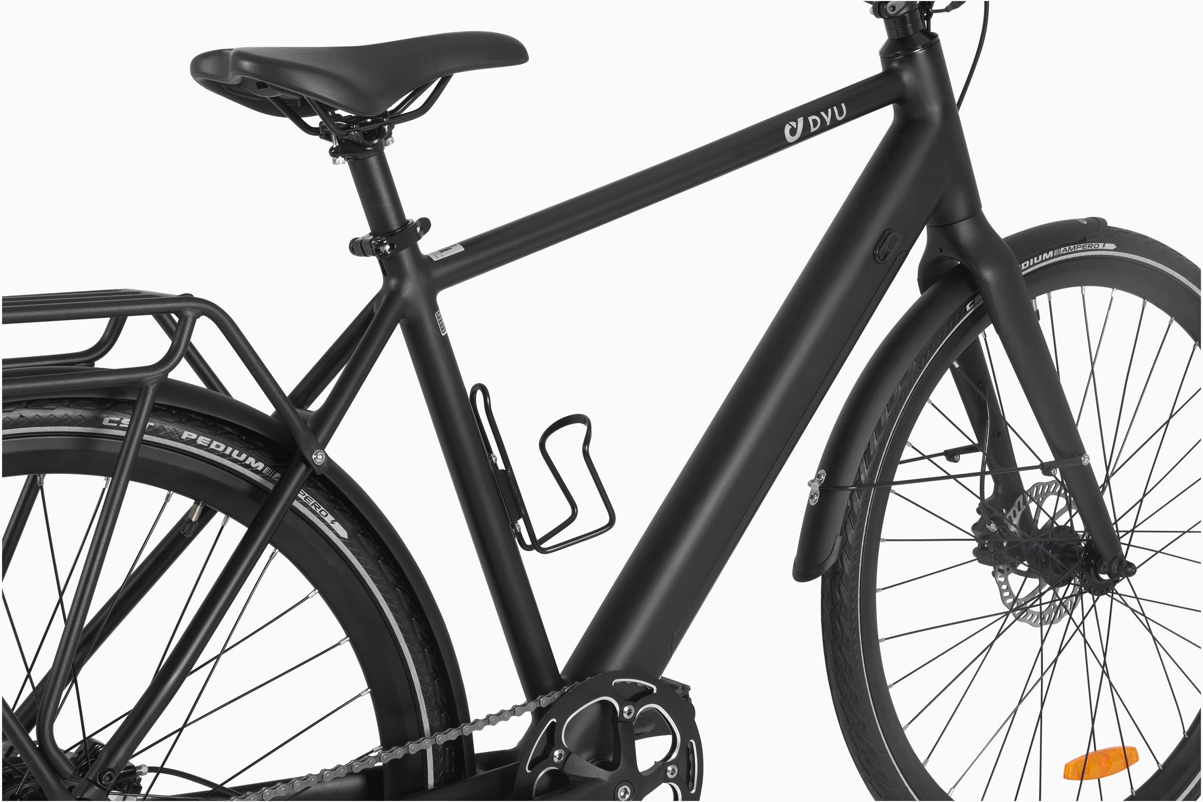 Close-up of black DYU Stroll 1 electric bike frame highlighting minimalist design and bottle holder. Close-up of black DYU Stroll 1 electric bike frame highlighting minimalist design and bottle holder.