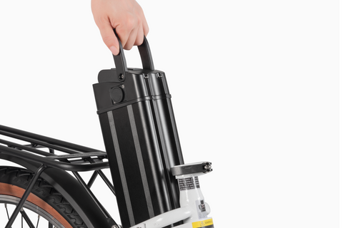 Removable battery of DYU C6 Pro electric bike held by hand, highlighting convenience and design. Removable battery of DYU C6 Pro electric bike held by hand, highlighting convenience and design.