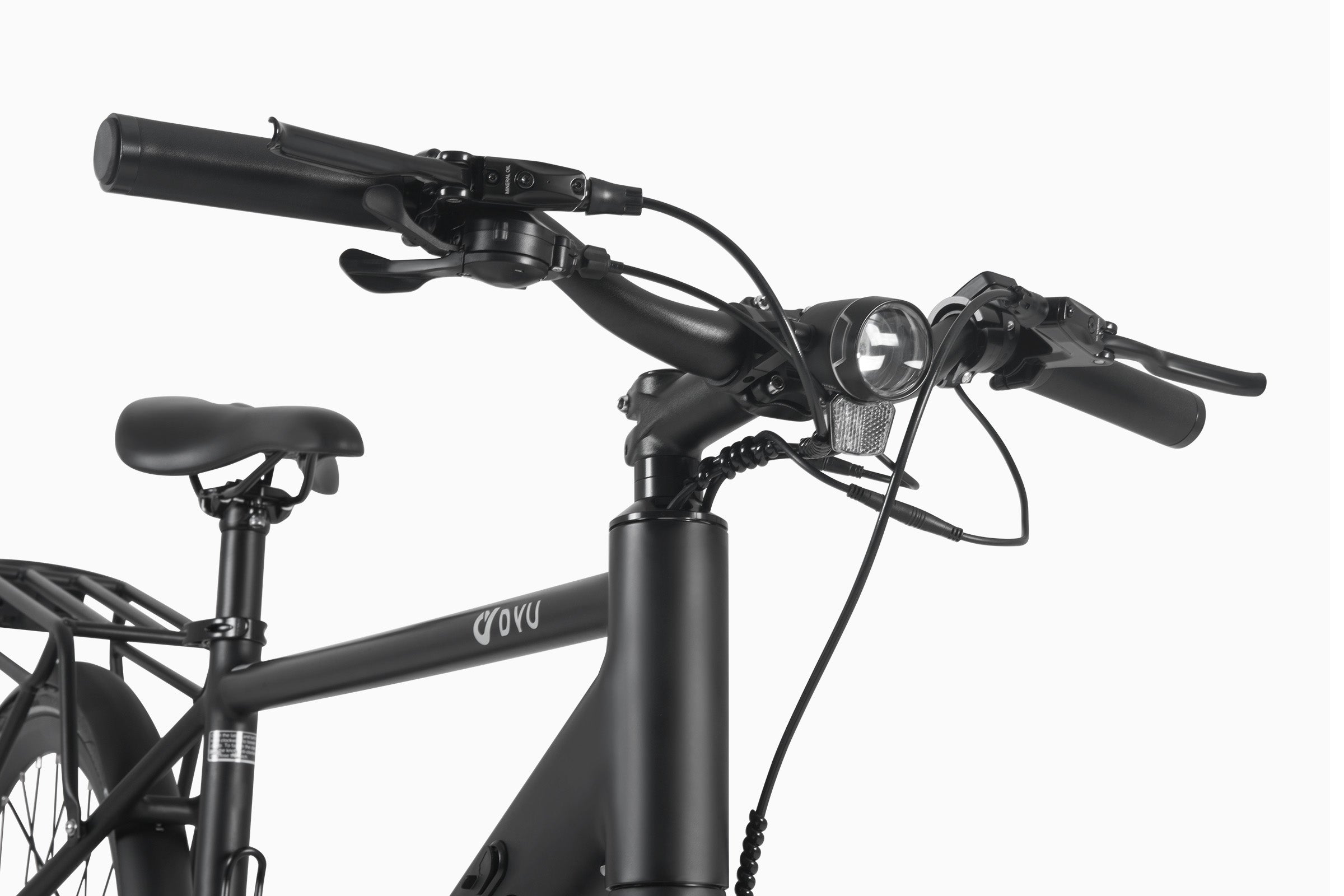 Close-up of DYU Stroll 1 electric bike handlebars with controls and front light. Close-up of DYU Stroll 1 electric bike handlebars with controls and front light.