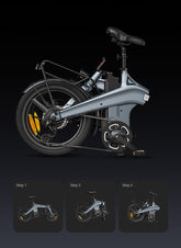 Steps to demonstrate how to fold the DYU T1 20 Inch Foldable Electric Bike.