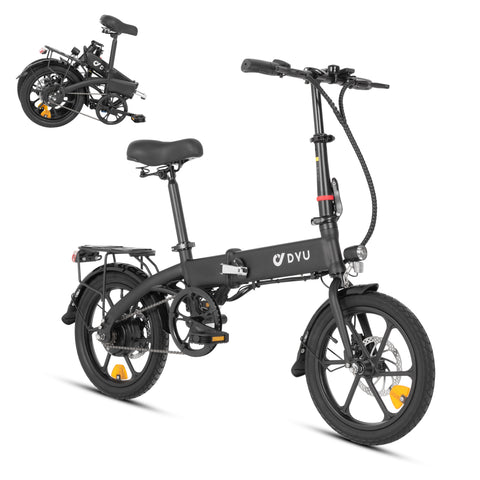 DYU A1F 16-inch black folding electric bike with front basket and compact design. DYU A1F 16-inch black folding electric bike with front basket and compact design.