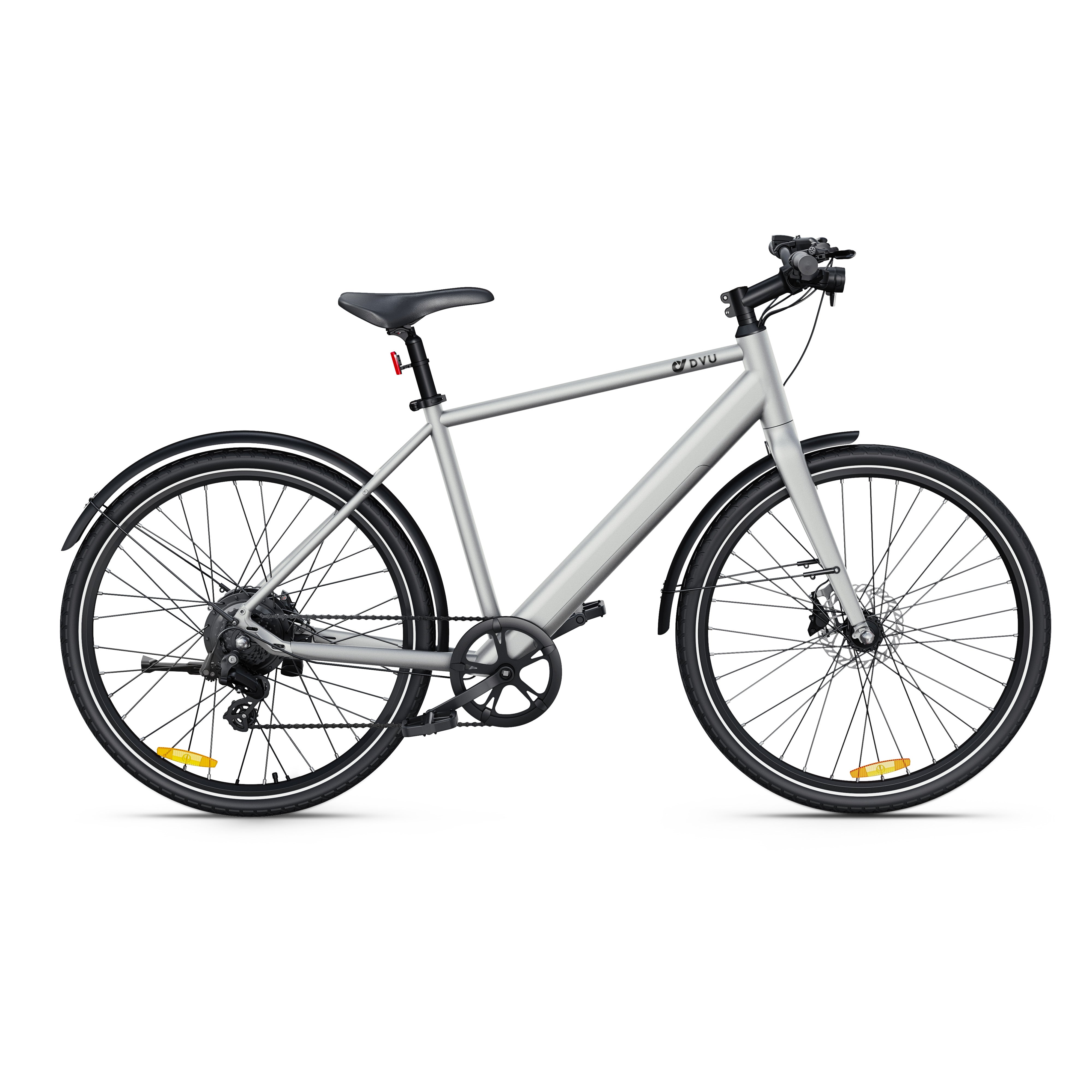 Stylish silver DYU Stroll 1 electric bike showcasing minimalist design and lightweight frame. Stylish silver DYU Stroll 1 electric bike showcasing minimalist design and lightweight frame.