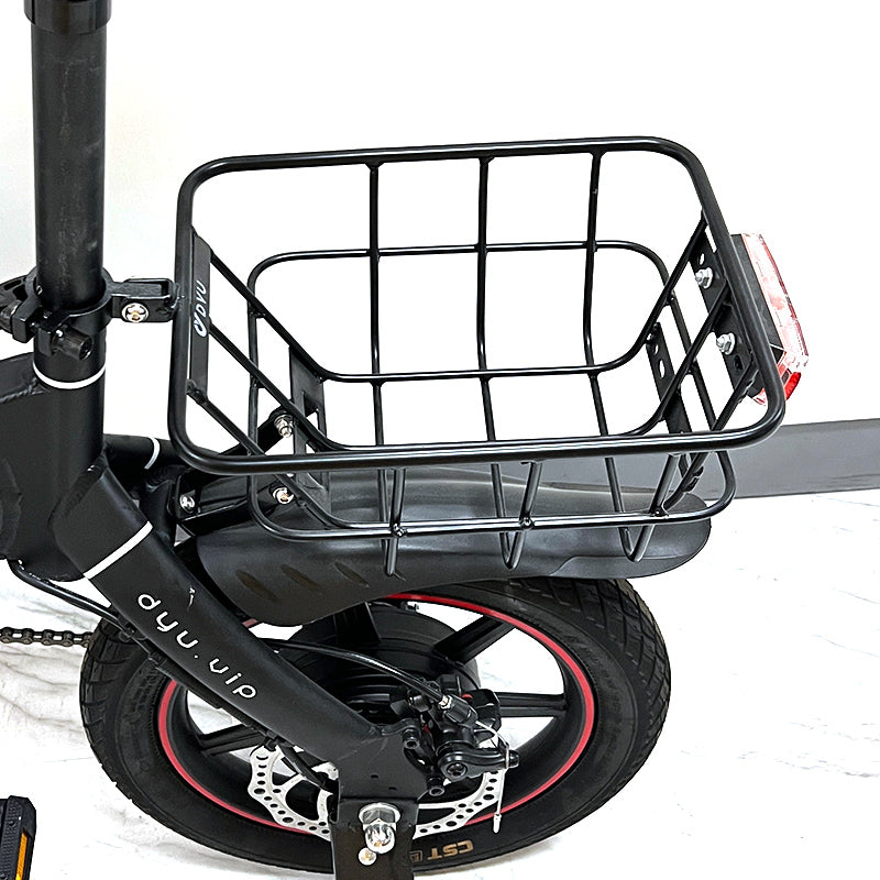 Metal rear basket on DYU electric bike, ideal for carrying items securely Metal rear basket on DYU electric bike, ideal for carrying items securely