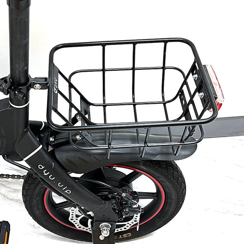 Metal rear basket on DYU electric bike, ideal for carrying items securely Metal rear basket on DYU electric bike, ideal for carrying items securely