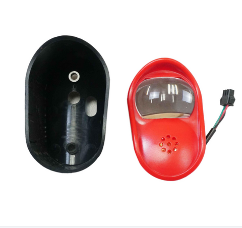 Sleek electric bike headlight with red trim and connectors for quick installation. Sleek electric bike headlight with red trim and connectors for quick installation.