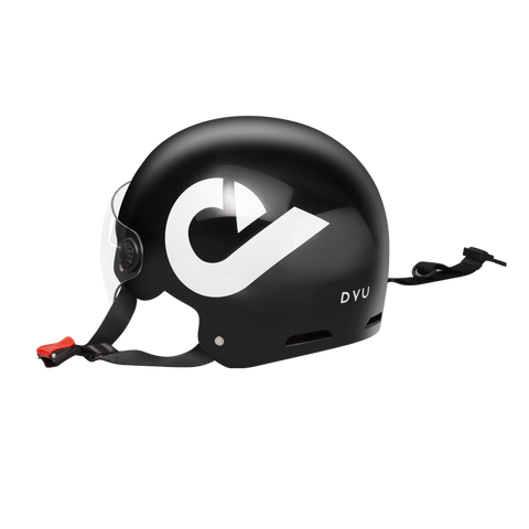 Black DYU electric bike helmet with a large white logo and adjustable side straps. Black DYU electric bike helmet with a large white logo and adjustable side straps.