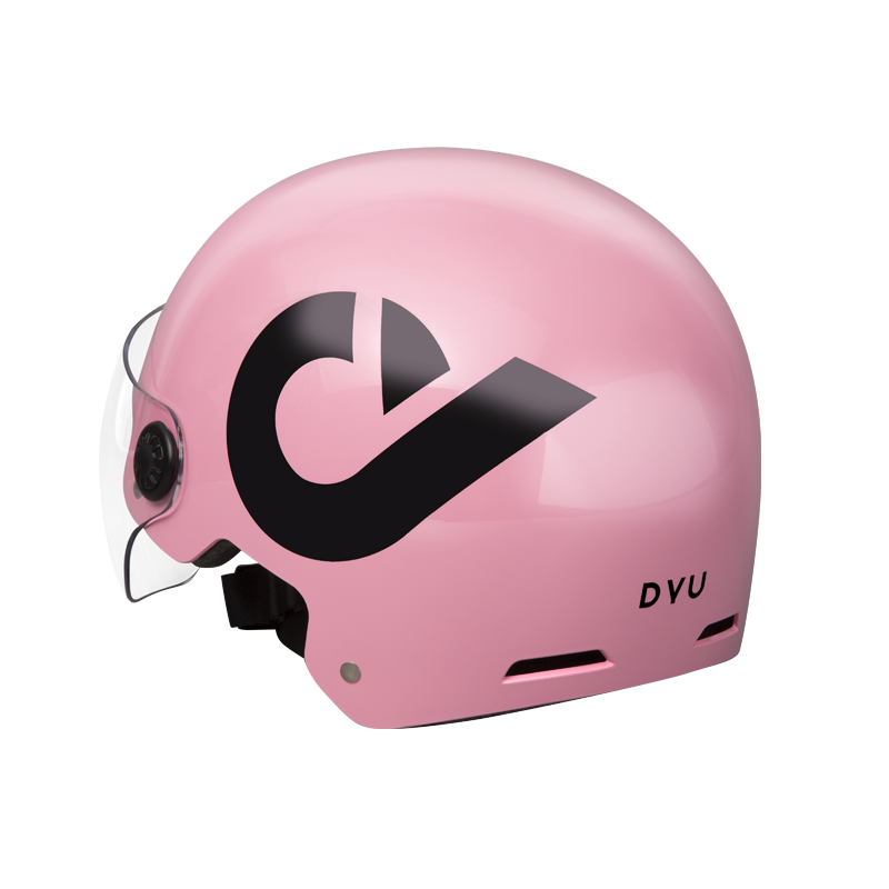 Trendy pink DYU electric bike helmet with clear visor and prominent logo design. Trendy pink DYU electric bike helmet with clear visor and prominent logo design.