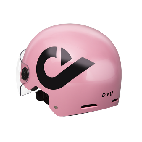 Trendy pink DYU electric bike helmet with clear visor and prominent logo design. Trendy pink DYU electric bike helmet with clear visor and prominent logo design.