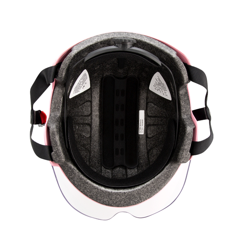 Interior view of a pink DYU bike helmet with padding and ventilation slots for comfort. Interior view of a pink DYU bike helmet with padding and ventilation slots for comfort.