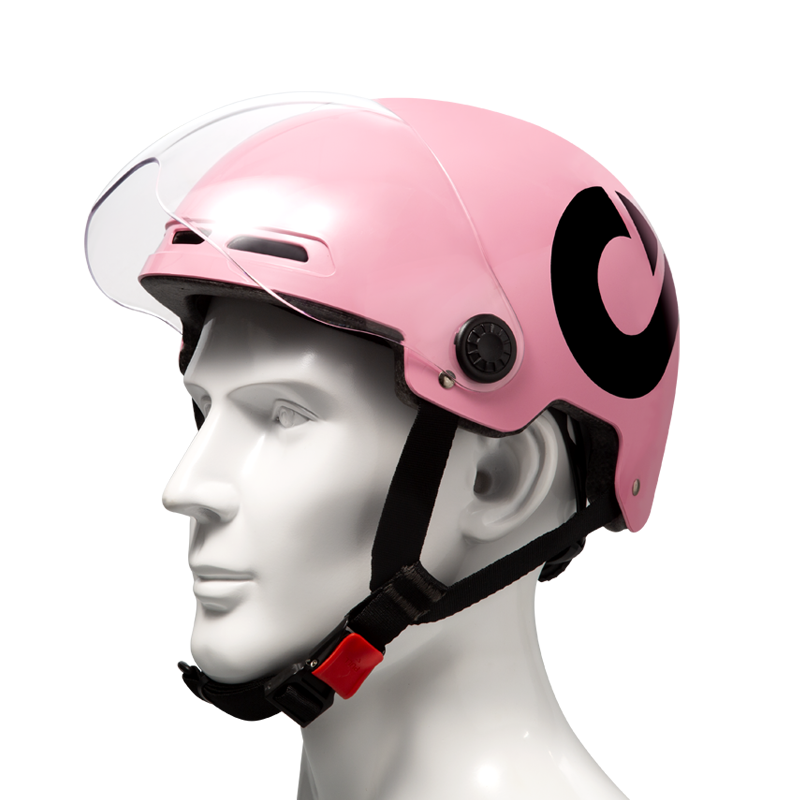 Pink DYU electric bike helmet with clear visor and signature logo on the side. Pink DYU electric bike helmet with clear visor and signature logo on the side.