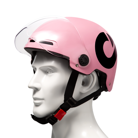 Pink DYU electric bike helmet with clear visor and signature logo on the side. Pink DYU electric bike helmet with clear visor and signature logo on the side.