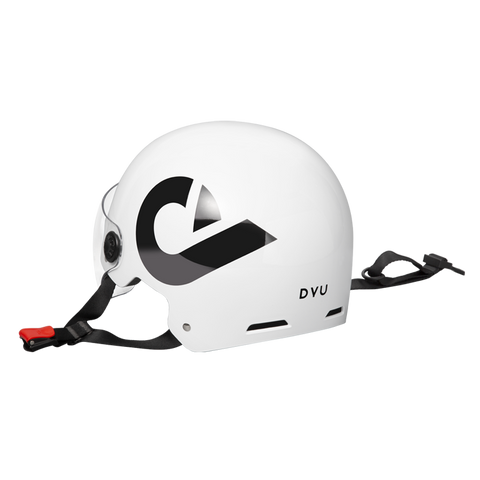 Sleek white DYU electric bike helmet with bold logo and adjustable straps. Sleek white DYU electric bike helmet with bold logo and adjustable straps.