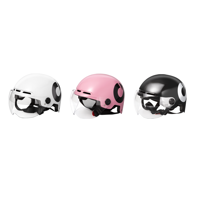 DYU electric bike helmets in black, pink, and white with clear visors for stylish safety. DYU electric bike helmets in black, pink, and white with clear visors for stylish safety.