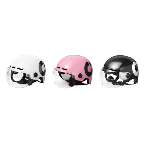 DYU electric bike helmets in black, pink, and white with clear visors for stylish safety. DYU electric bike helmets in black, pink, and white with clear visors for stylish safety.
