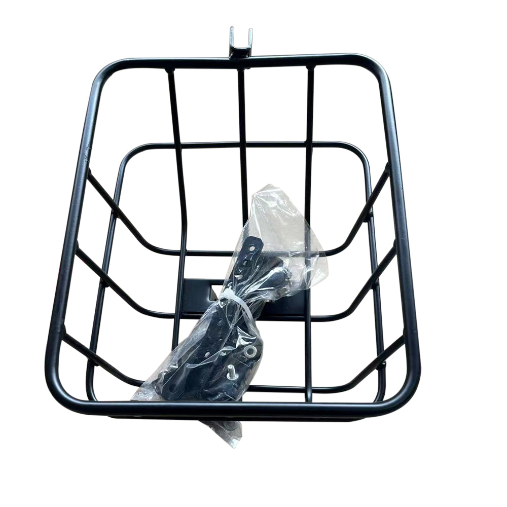 Black metal bike rear basket with installation kit for secure mounting on electric bikes. Black metal bike rear basket with installation kit for secure mounting on electric bikes.