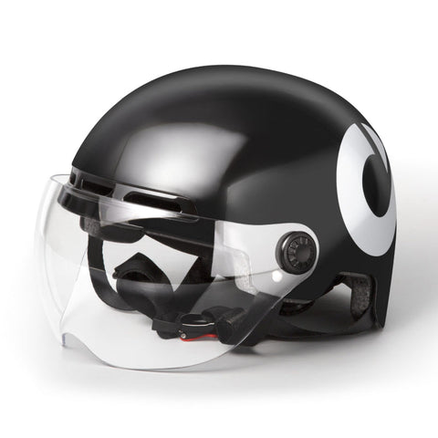 Pink DYU electric bike helmet with clear visor and signature logo on the side. Pink DYU electric bike helmet with clear visor and signature logo on the side.
