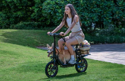 Woman riding an electric bike with a dog sitting on it