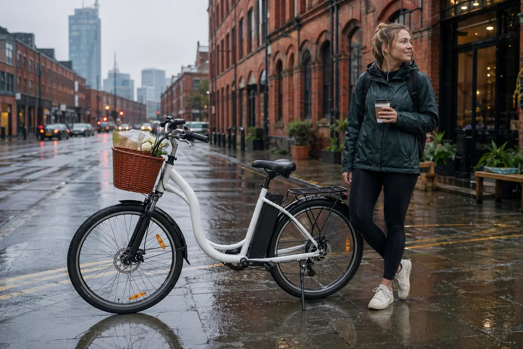 DYU C6 electric bike on a rainy Manchester commute