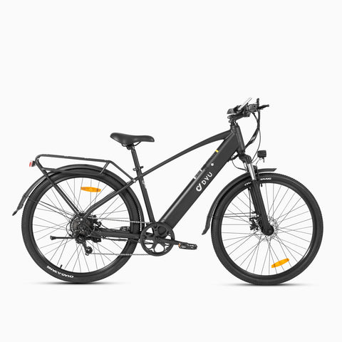 Sleek DYU C5 city electric bike with 27.5-inch wheels and rear rack