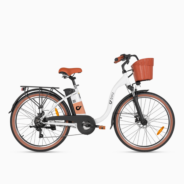 DYU C6 Pro 26 inch electric bike side view with front basket, stylish for city commuting.