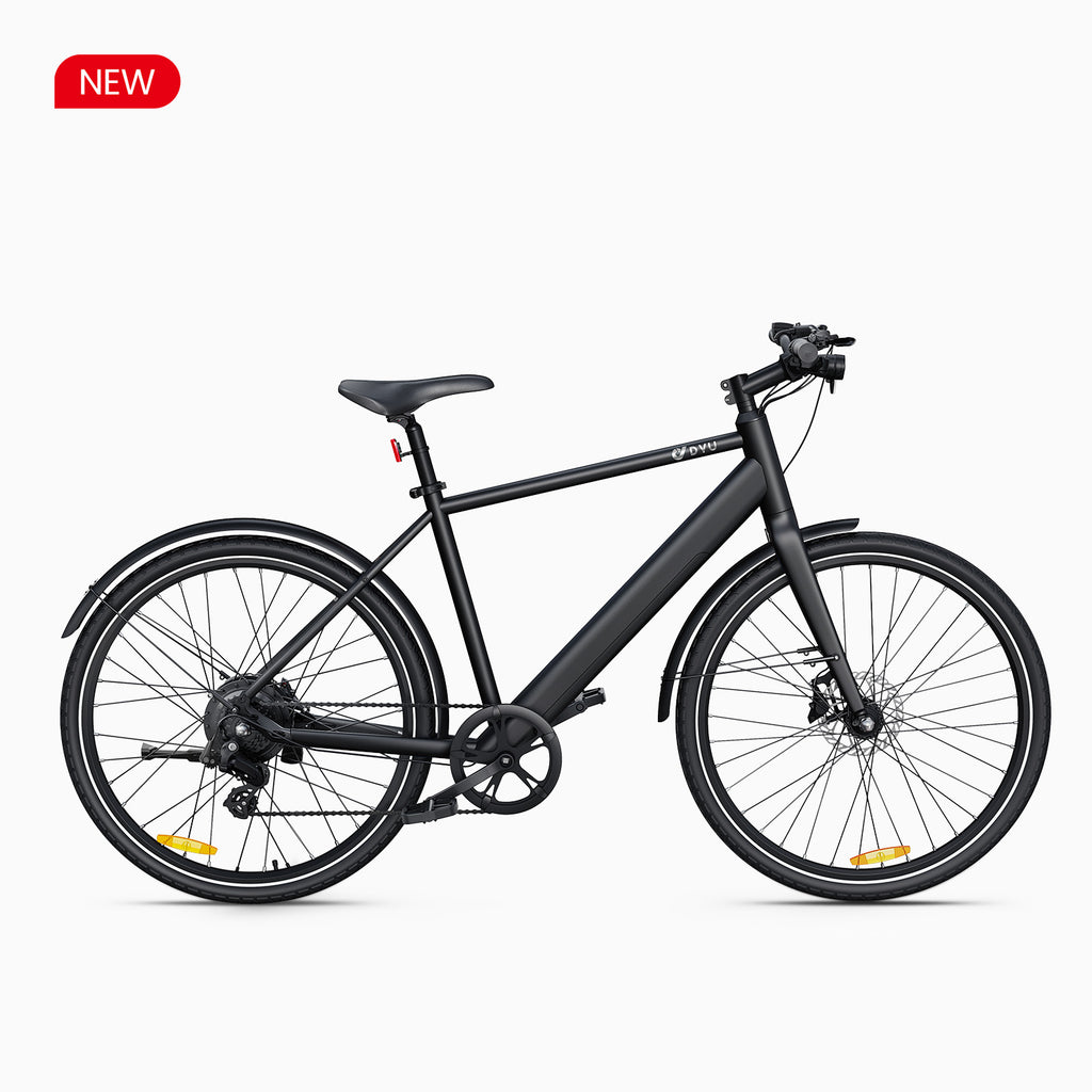 Sleek black DYU Stroll 1 electric bike with a minimalist design, label 'NEW'.