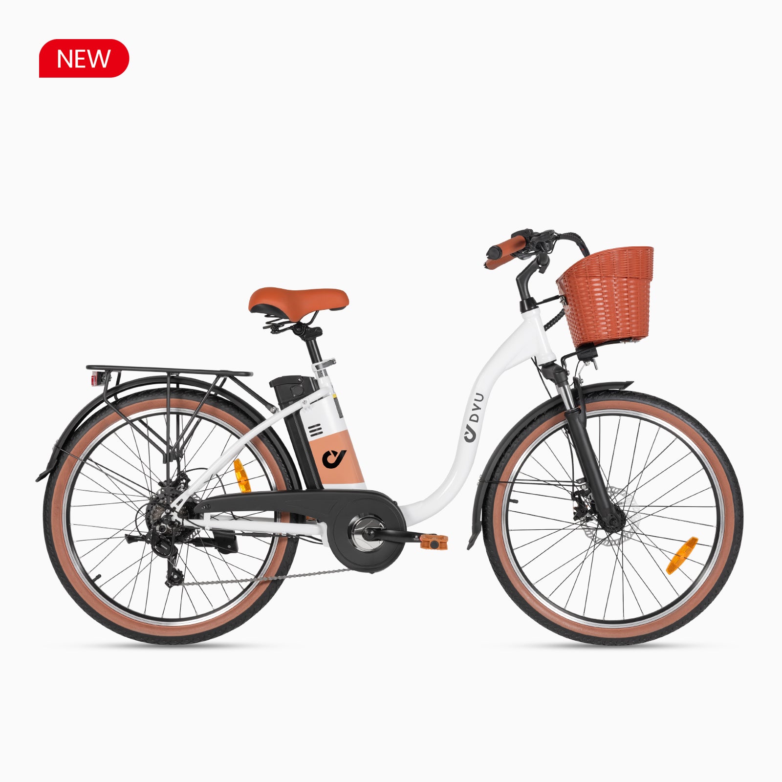 Woman walking near white DYU C6 Pro electric bike with orange basket, perfect for city rides.