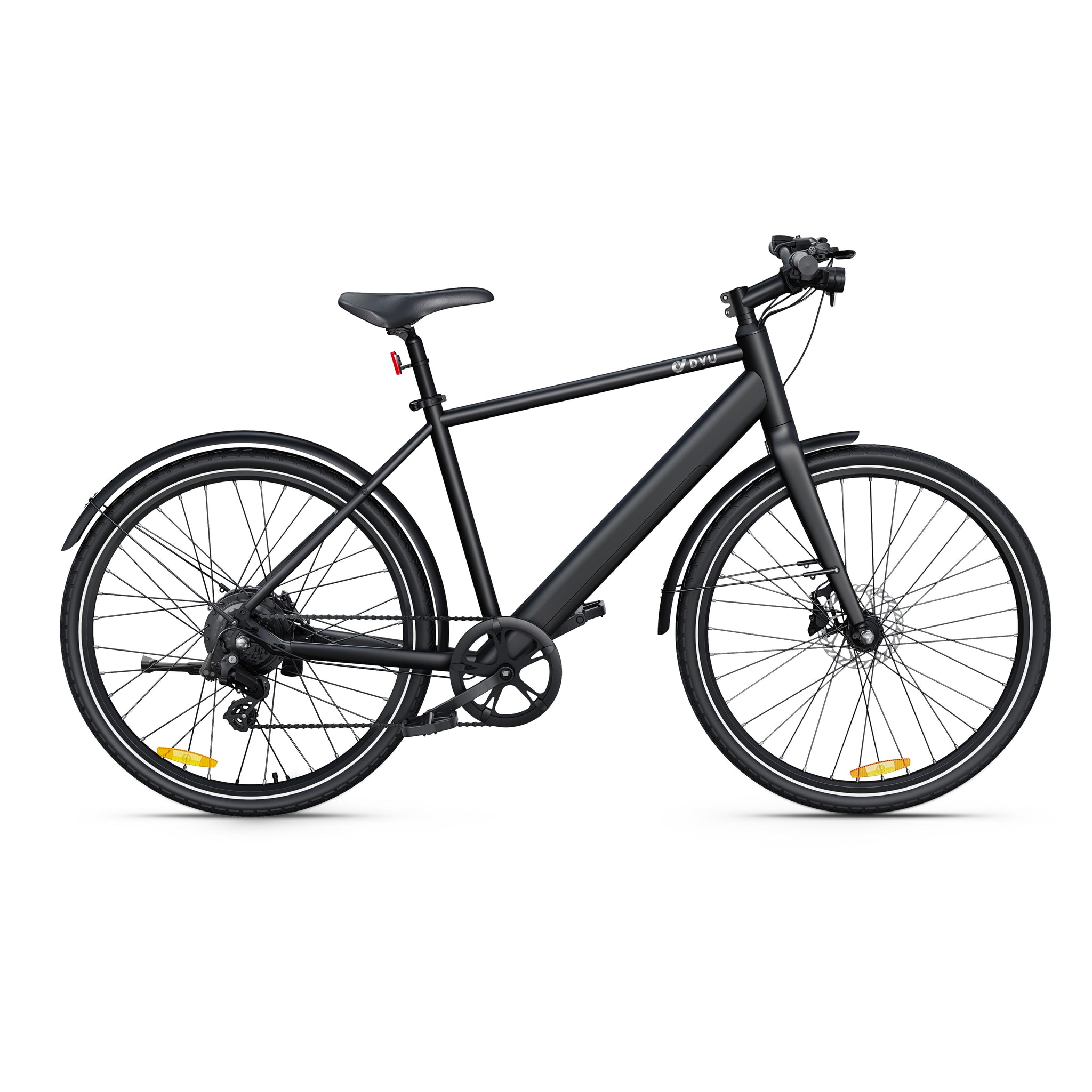 Sleek black DYU Stroll 1 electric bike with minimalist frame and straight handlebars.