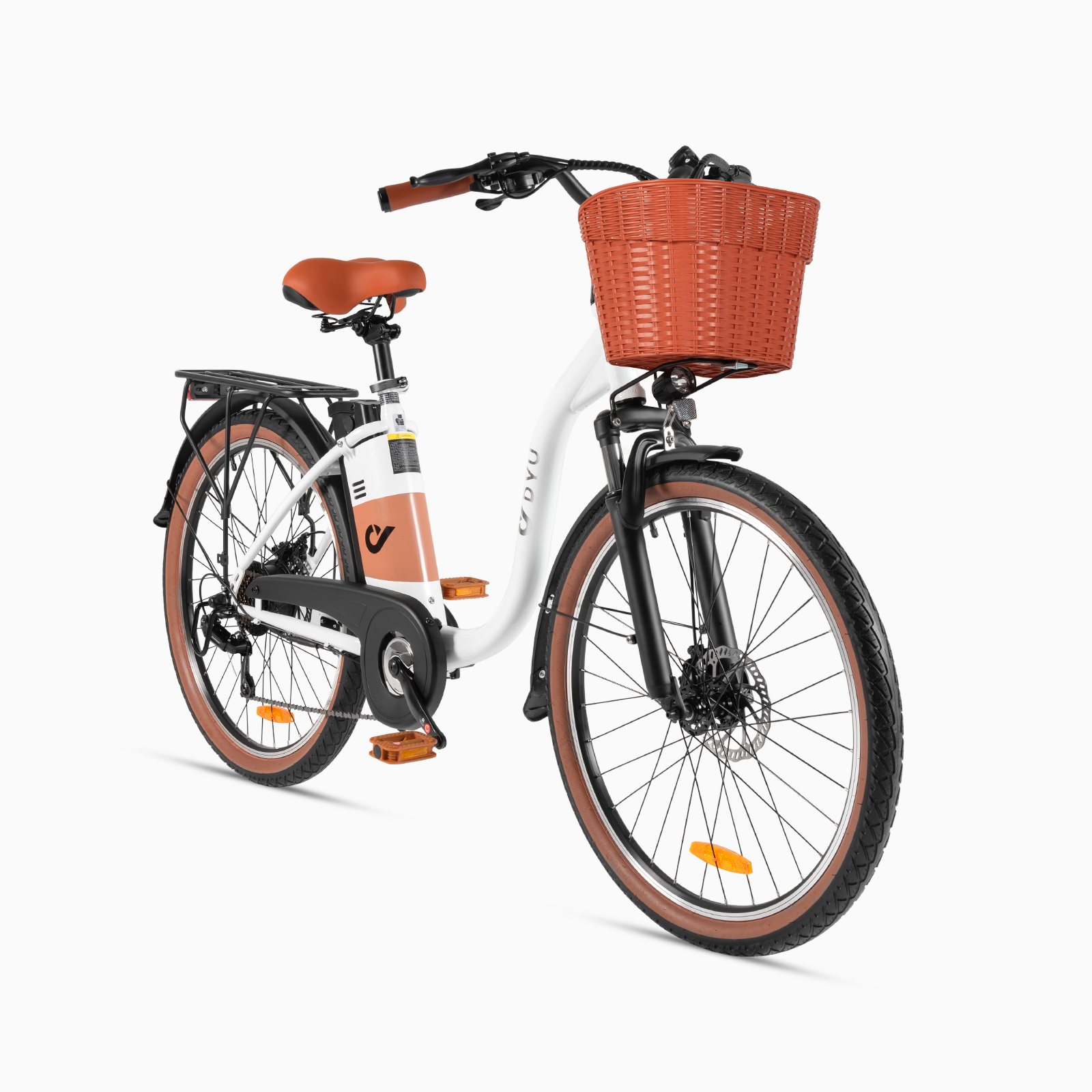 DYU C6 Pro electric bike in a vibrant design with removable front basket for city rides.