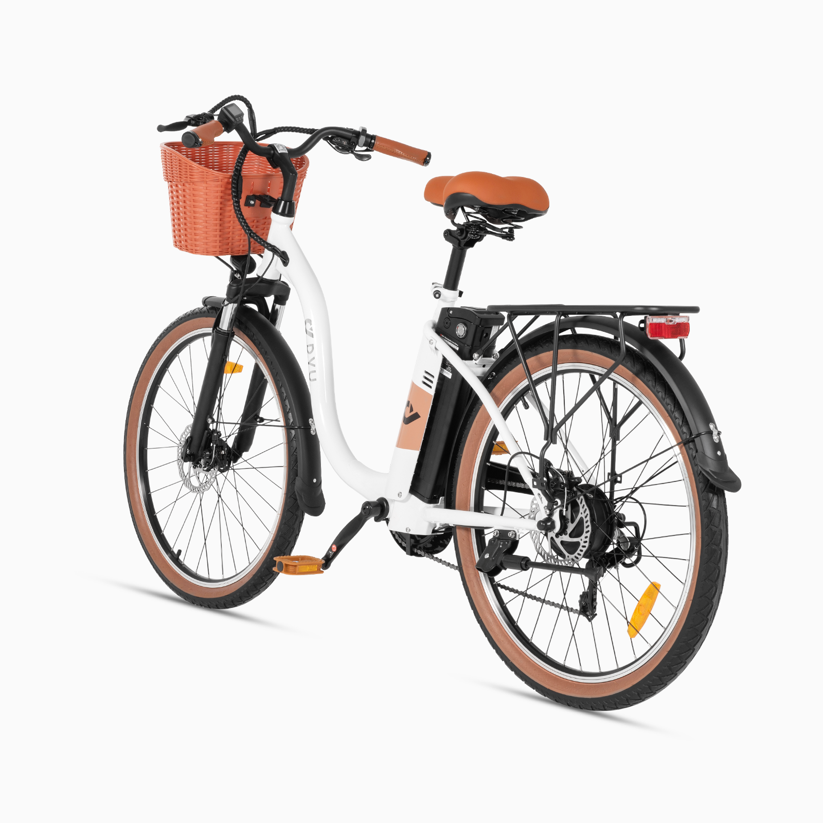 Rear view of DYU C6 Pro electric bike with removable front basket and rear rack.