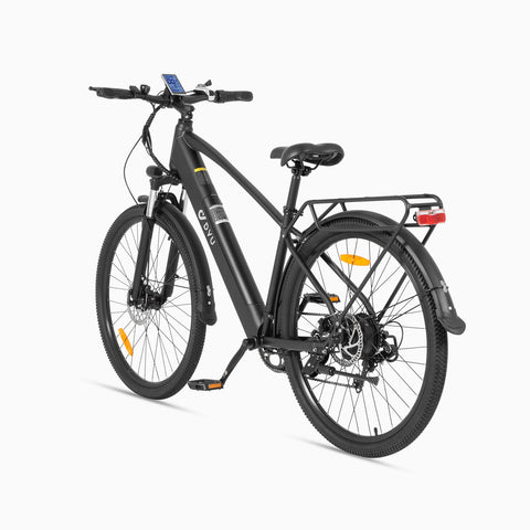 Matte black DYU C5 electric bike with rear rack and 27.5-inch wheels from a side view