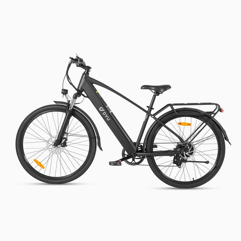 Matte black DYU C5 city electric bike showcasing 27.5-inch wheels and rear rack.