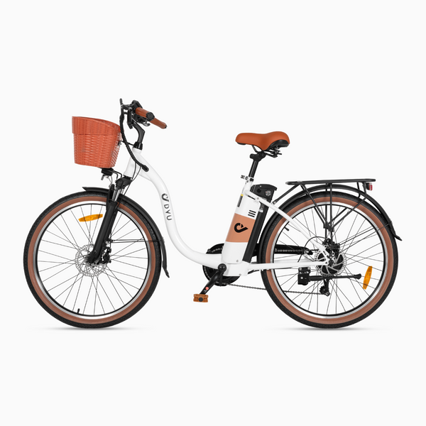 DYU C6 Pro electric bike in white with stylish front basket for city commuting.