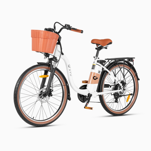 White DYU C6 Pro electric bike with orange front basket and brown seat, ideal for city use.