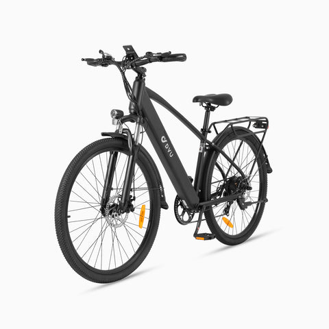 DYU C5 city electric bike in matte black, featuring 27.5-inch wheels and rear rack