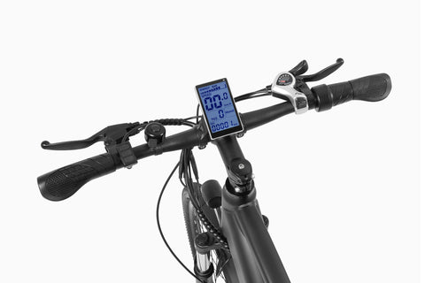 Close-up of DYU C5 electric bike handlebars with digital display and control features.