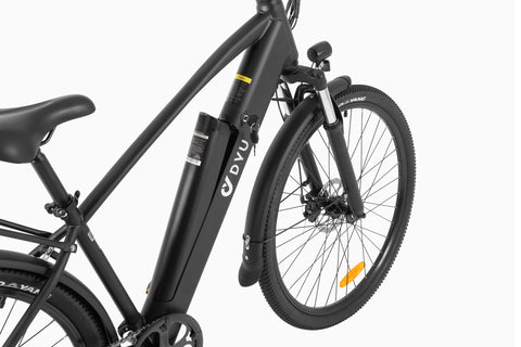 Close-up of DYU C5 electric bike frame featuring a removable battery and 27.5-inch wheel.