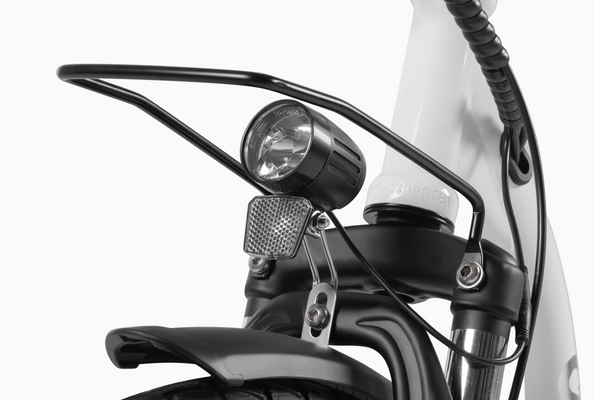 Front light and rack on DYU C6 Pro electric bike, enhancing visibility and style.