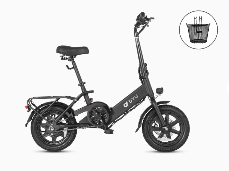 Black DYU C3 14-inch folding ebike with compact design and rear storage rack.