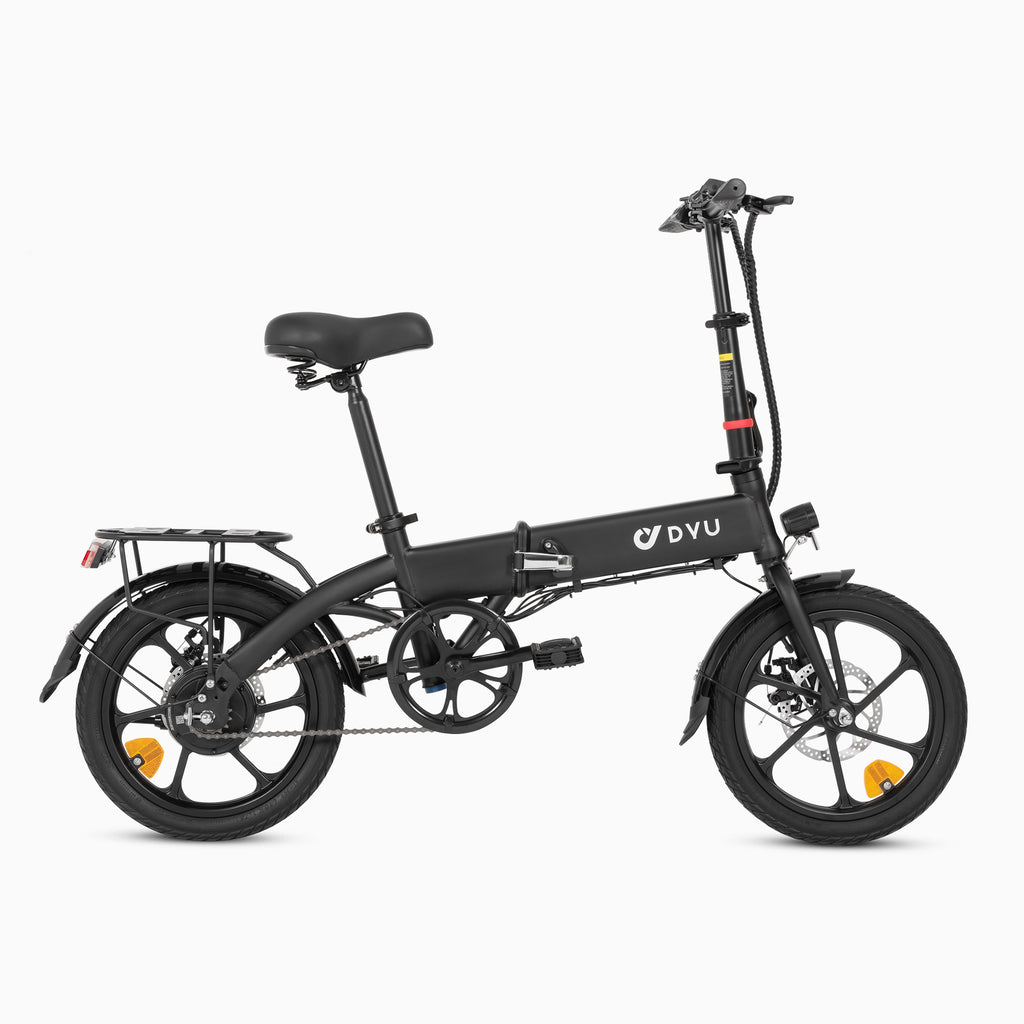 DYU A1F compact black folding electric bike with a minimalist design.