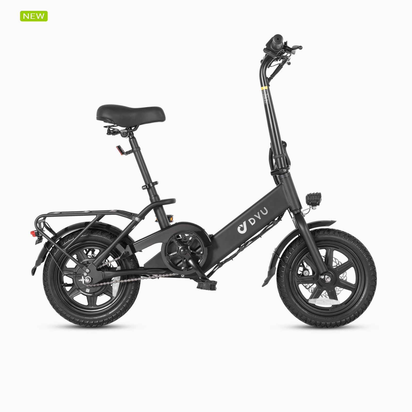 Black DYU C3 14-inch folding ebike with adjustable seat and rear storage rack.