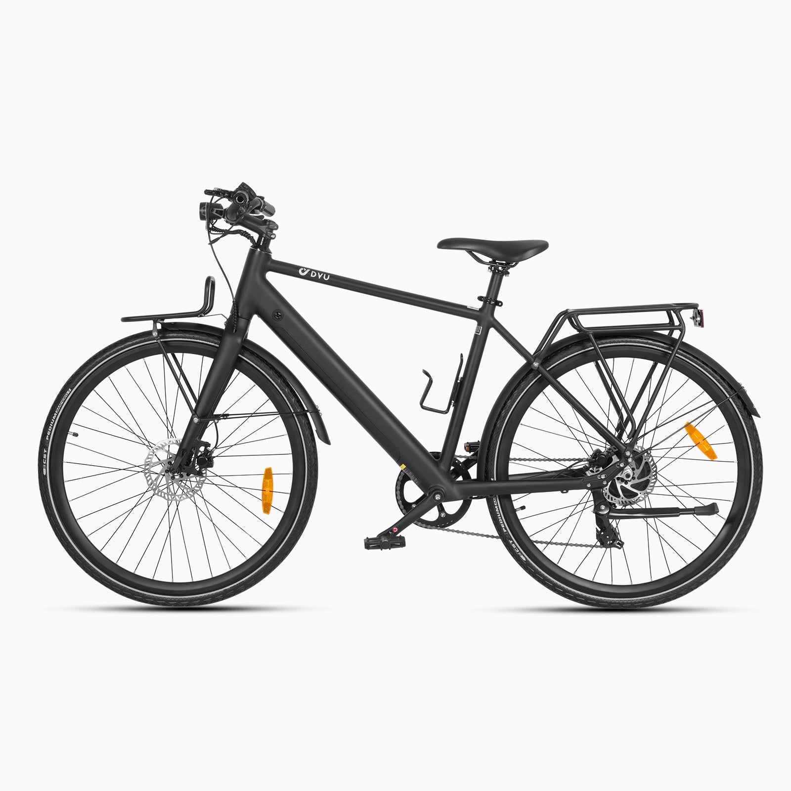 Stylish black DYU Stroll 1 electric bike with minimalist design and rear luggage rack.