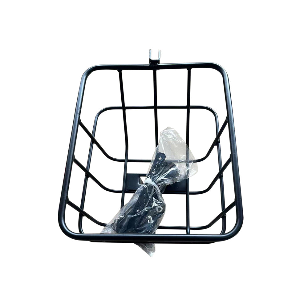 Black metal bike rear basket with installation kit for secure mounting on electric bikes.