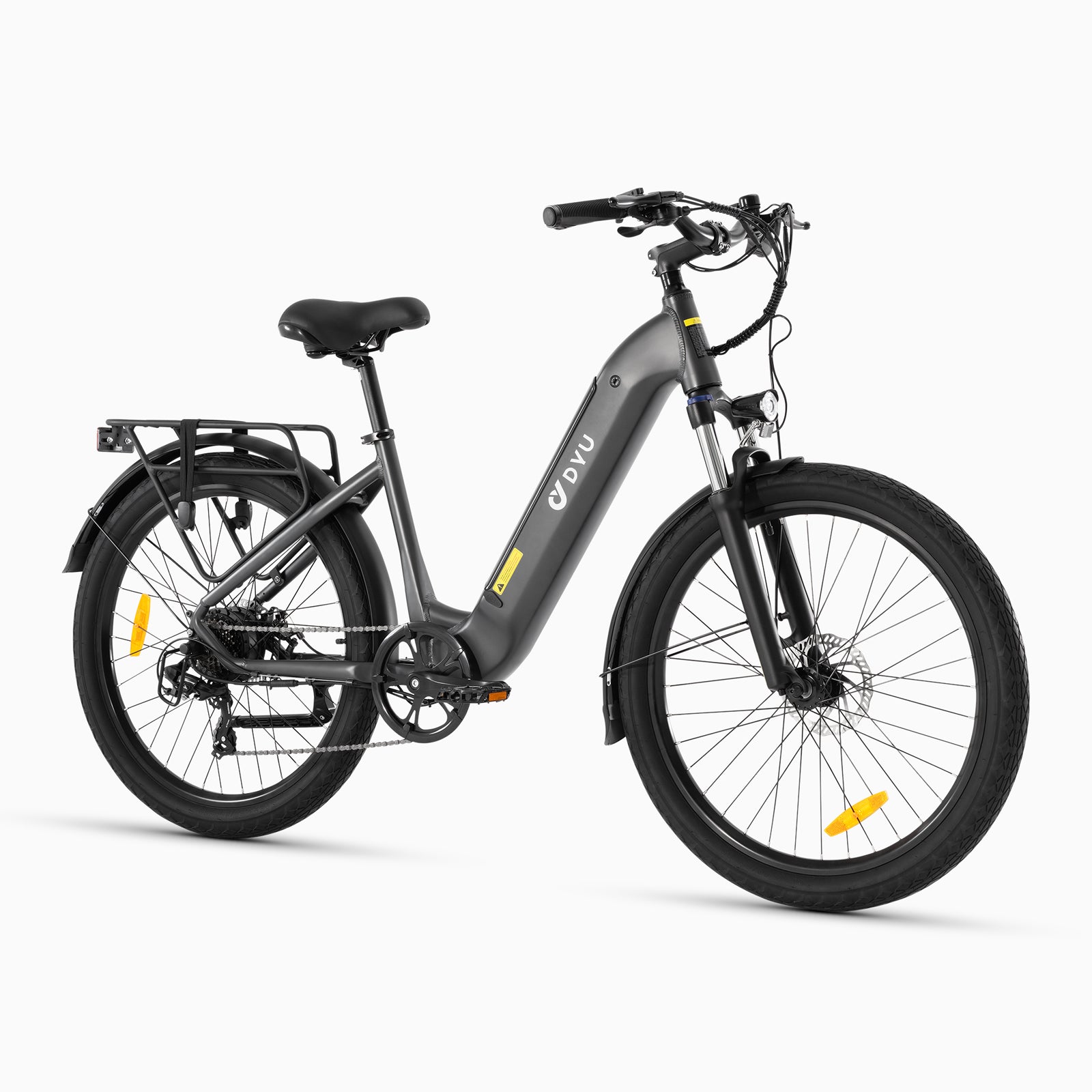 Stylish DYU C1 26 Inch City Electric Bike with front suspension and detachable battery.