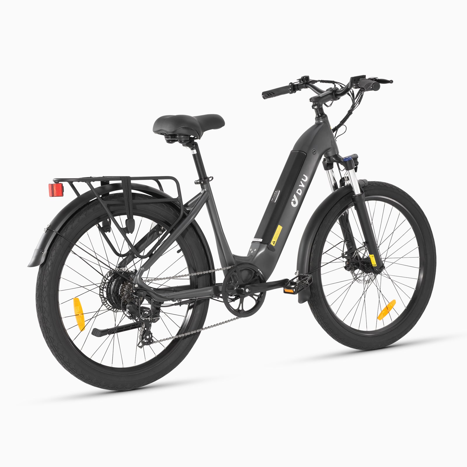 Versatile grey DYU C1 electric bike with removable battery and front suspension features.